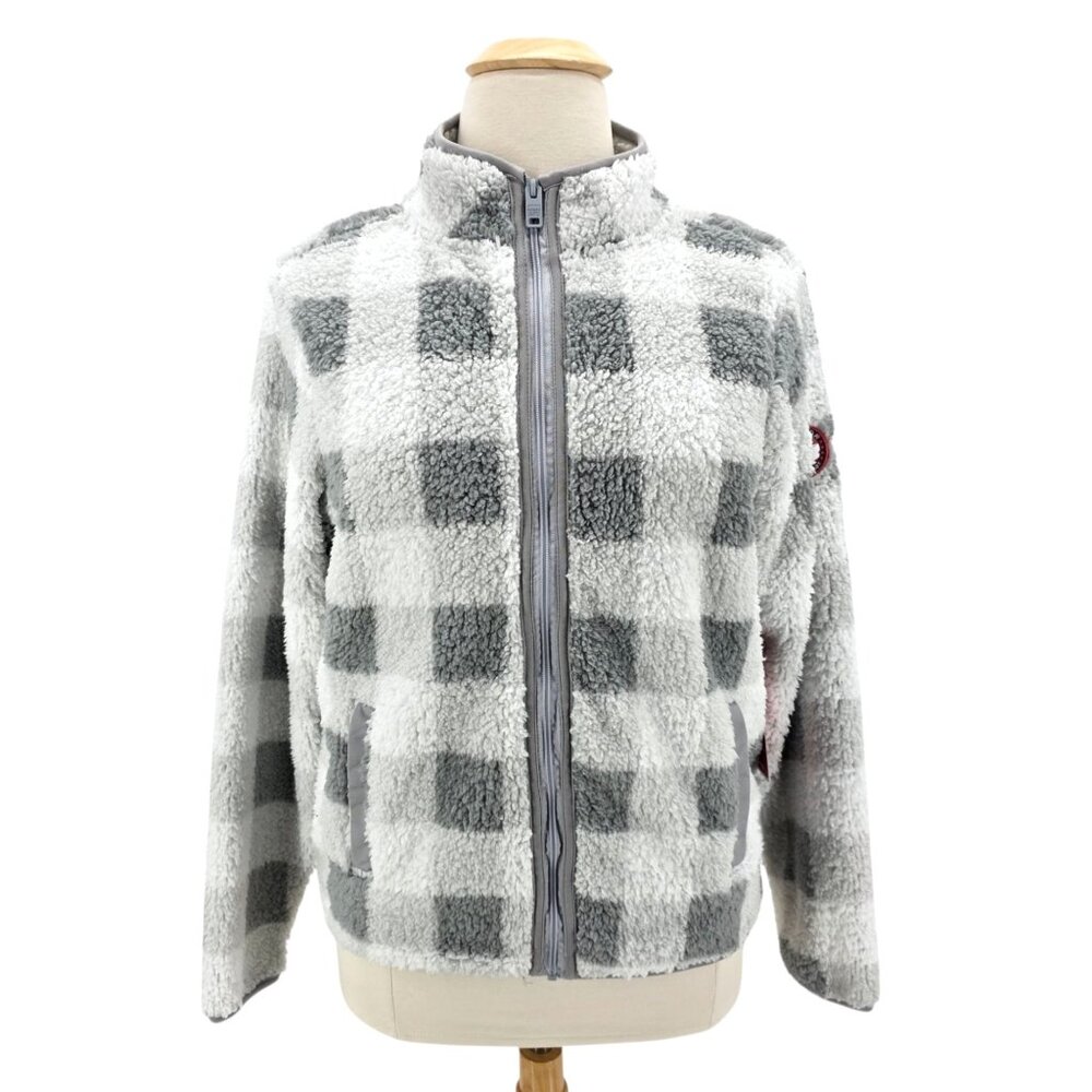 NEW Canada Weather Gear Womens XL Jacket Sherpa Fleece Checker Zipper Gray White